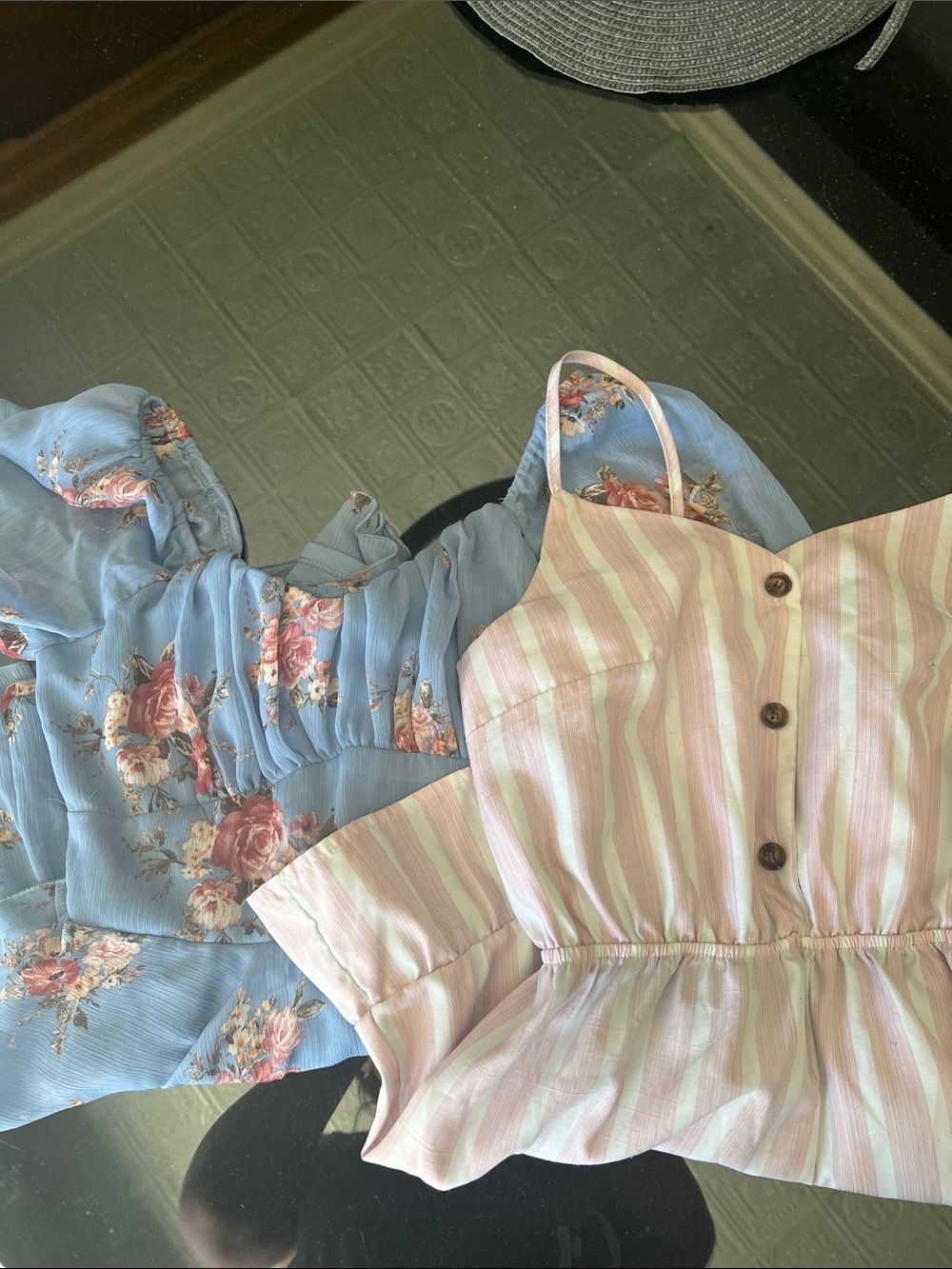 Blue Floral Ruffled Romper + Pink Striped Button Romper (2-Pack)